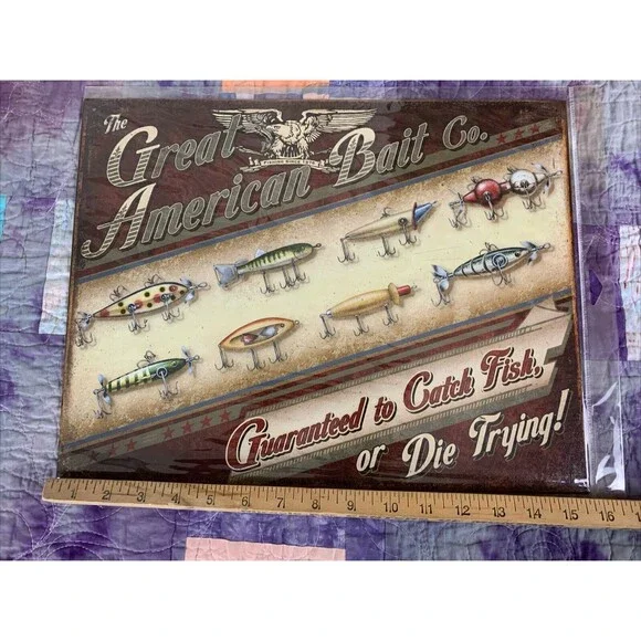 Great American Bait Catch Fish Or Die Trying TIN SIGN 16x12.5 Cabin Poster Decor - Picture 2 of 3